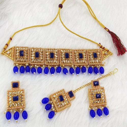 Gold Plated Choker Necklace With Earring & Maang Tikka Women Girls